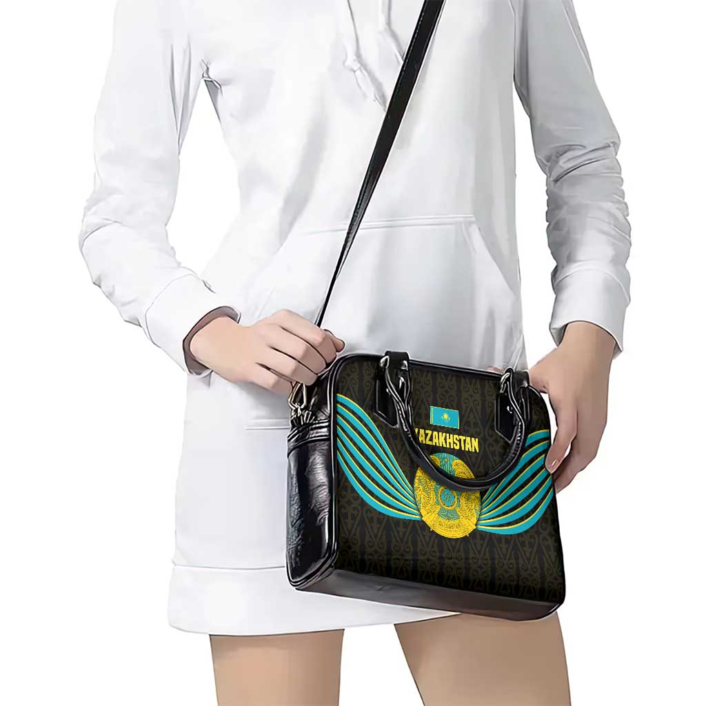 Kazakhstan National Emblem Shoulder Handbag with Black Tribal Pattern and Sun Eagle Motif TS04