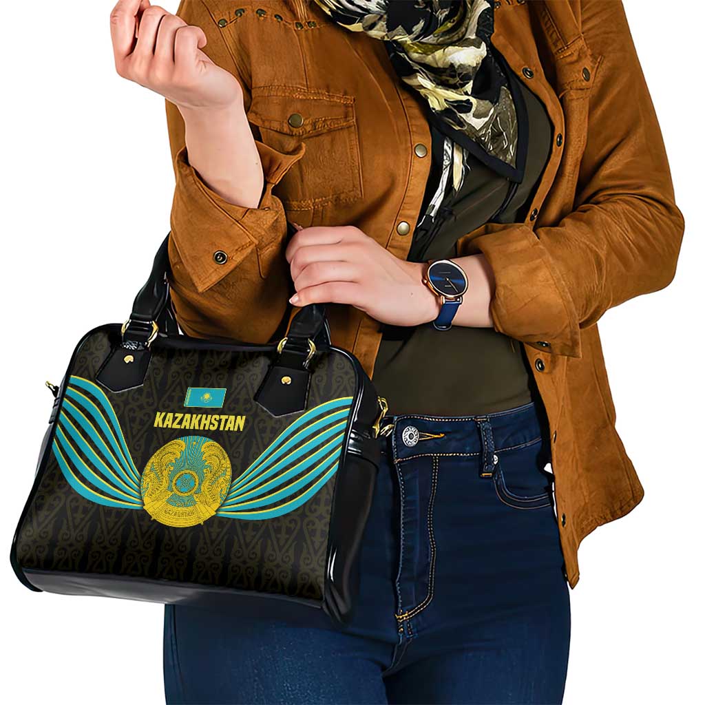 Kazakhstan National Emblem Shoulder Handbag with Black Tribal Pattern and Sun Eagle Motif TS04