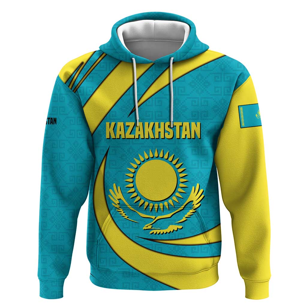 Kazakhstan National Flag Hoodie with Mangilik El Bald Eagle and Blue Tribal Pattern TS04