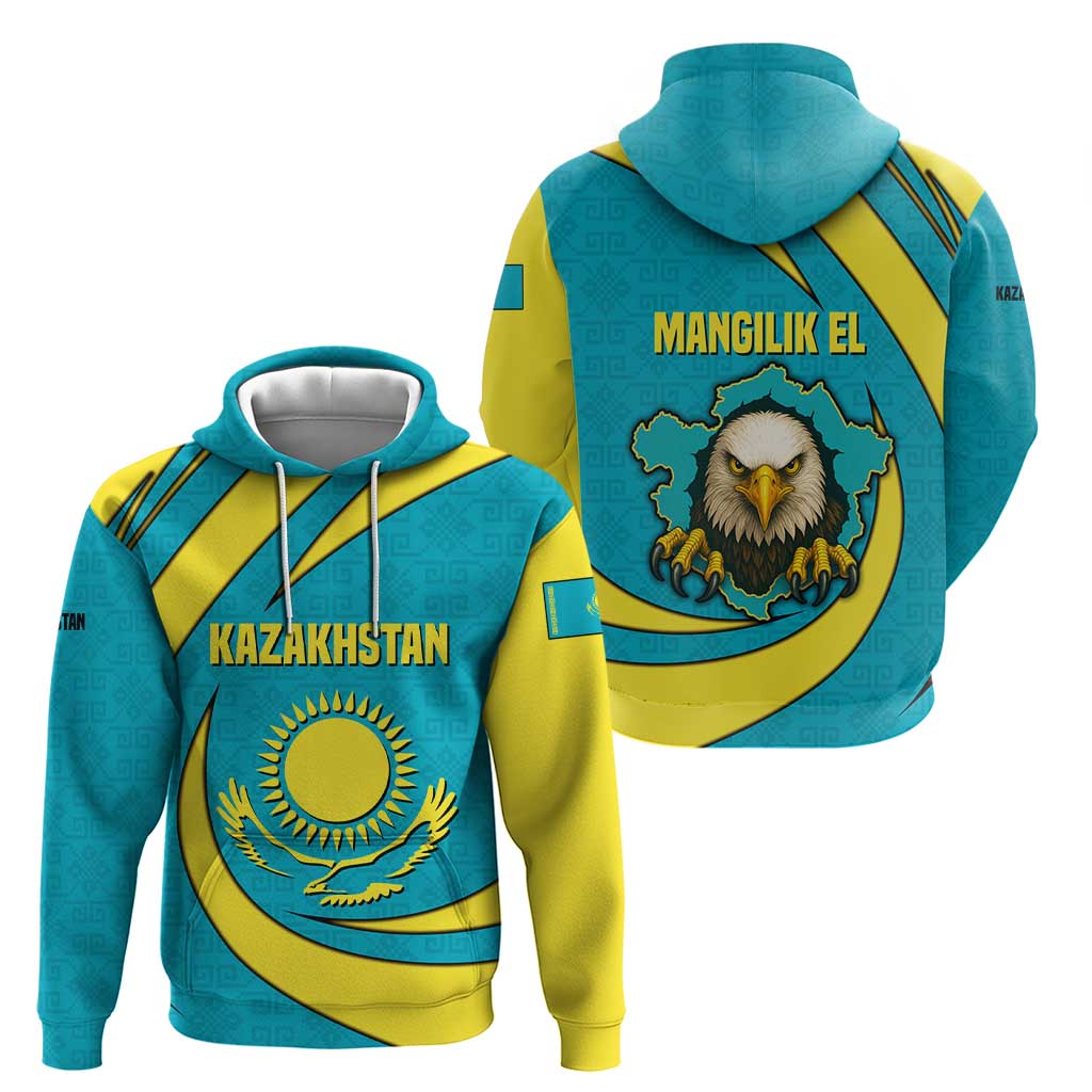 Kazakhstan National Flag Hoodie with Mangilik El Bald Eagle and Blue Tribal Pattern TS04