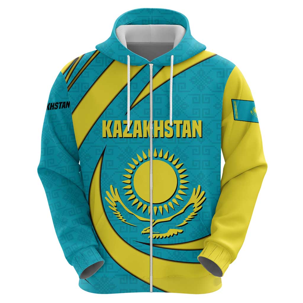 Kazakhstan National Flag Hoodie with Mangilik El Bald Eagle and Blue Tribal Pattern TS04