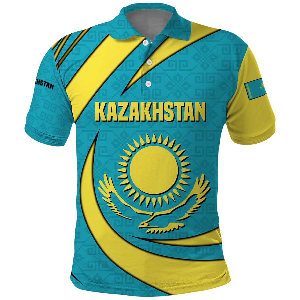 Kazakhstan National Flag Polo Shirt with Mangilik El Bald Eagle and Blue Tribal Pattern TS04