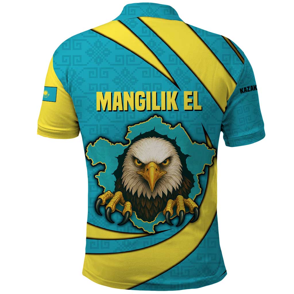Kazakhstan National Flag Polo Shirt with Mangilik El Bald Eagle and Blue Tribal Pattern TS04