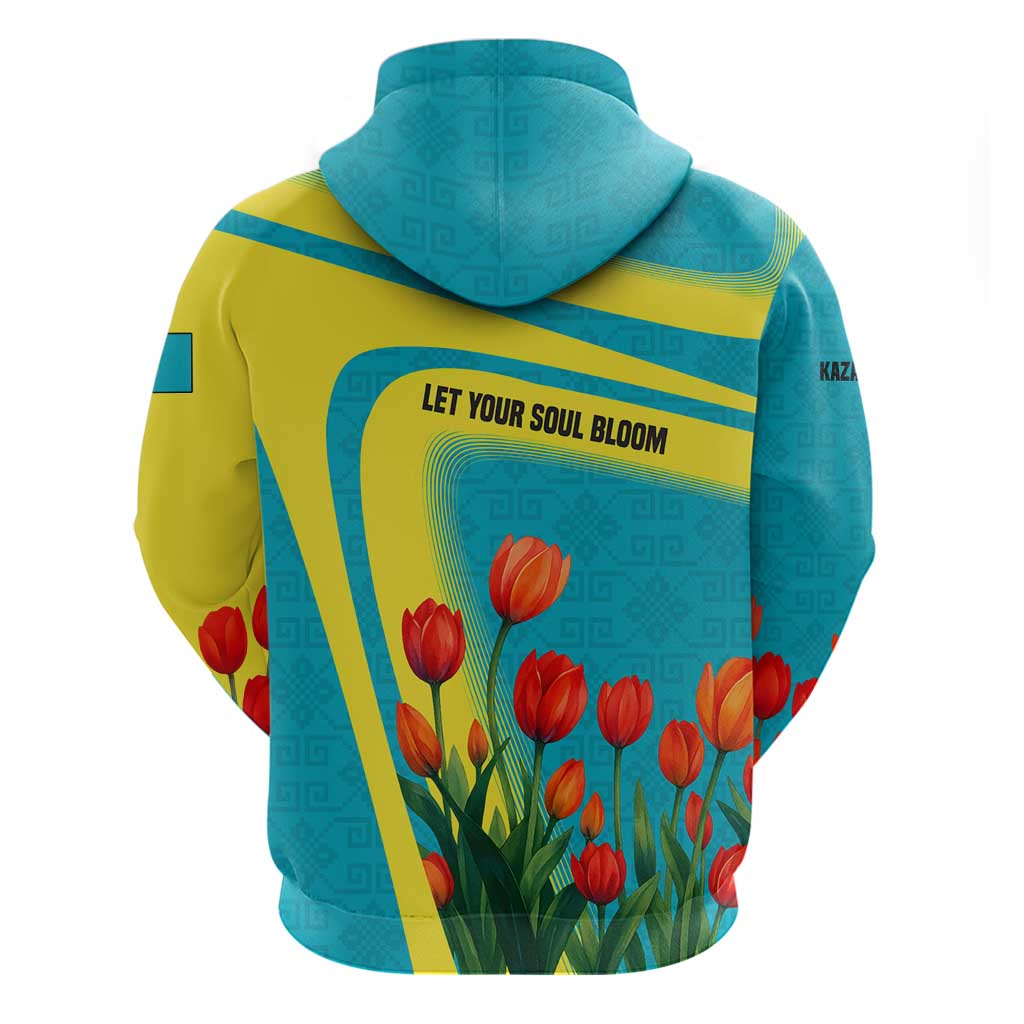 Kazakhstan National Flag Hoodie with Red Tulip Bloom and Blue Yellow Ethnic Motif TS04