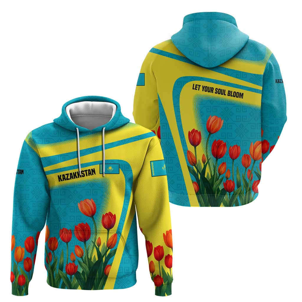 Kazakhstan National Flag Hoodie with Red Tulip Bloom and Blue Yellow Ethnic Motif TS04