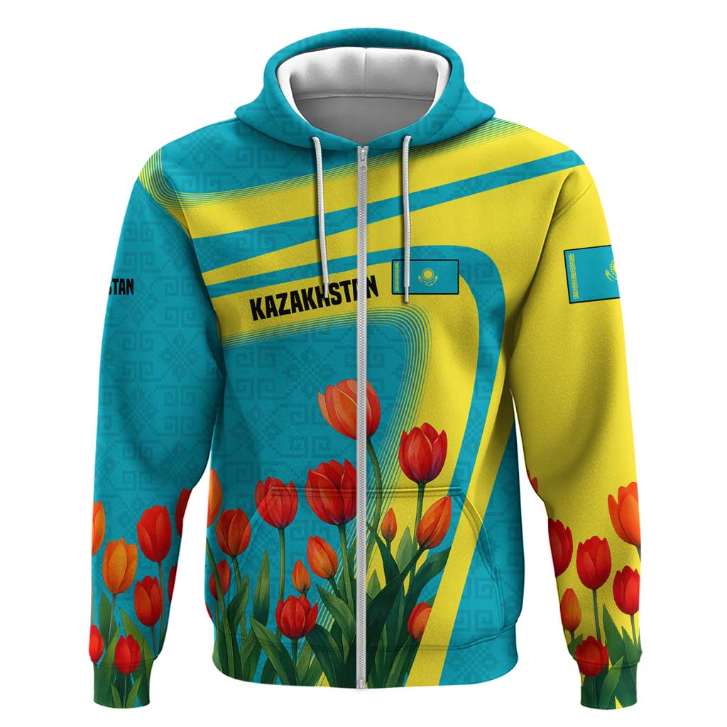 Kazakhstan National Flag Hoodie with Red Tulip Bloom and Blue Yellow Ethnic Motif TS04