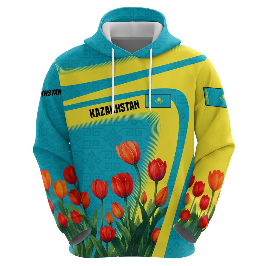 Kazakhstan National Flag Hoodie with Red Tulip Bloom and Blue Yellow Ethnic Motif TS04