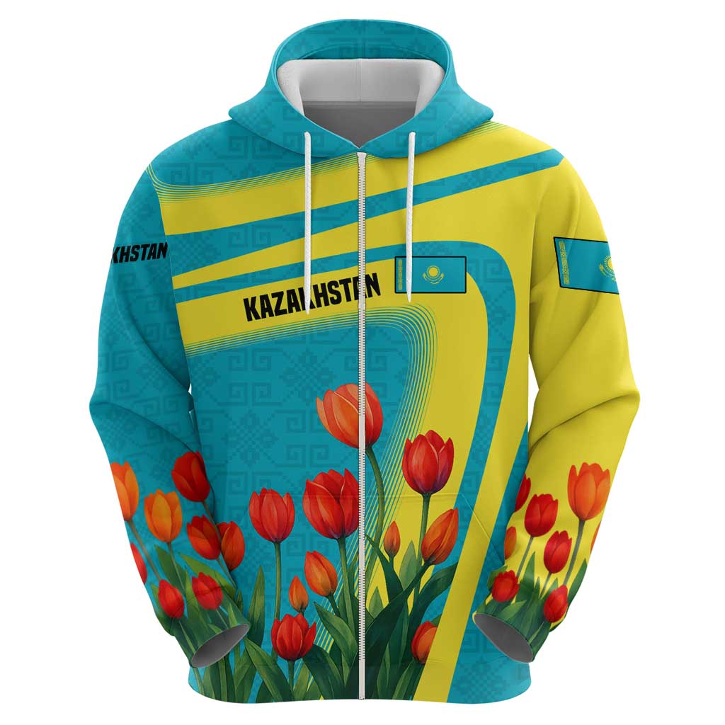 Kazakhstan National Flag Hoodie with Red Tulip Bloom and Blue Yellow Ethnic Motif TS04