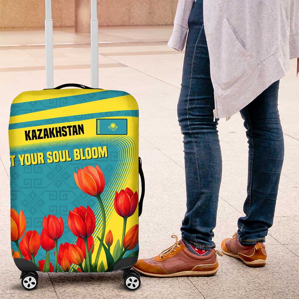 Kazakhstan National Flag Luggage Cover with Red Tulip Bloom and Blue Yellow Ethnic Motif TS04