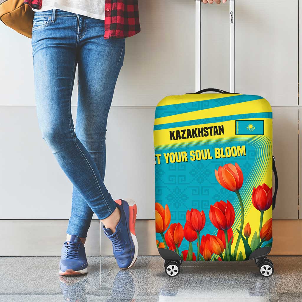 Kazakhstan National Flag Luggage Cover with Red Tulip Bloom and Blue Yellow Ethnic Motif TS04