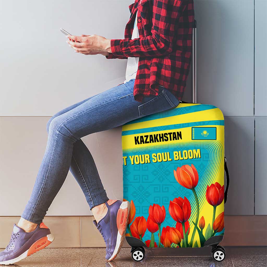Kazakhstan National Flag Luggage Cover with Red Tulip Bloom and Blue Yellow Ethnic Motif TS04