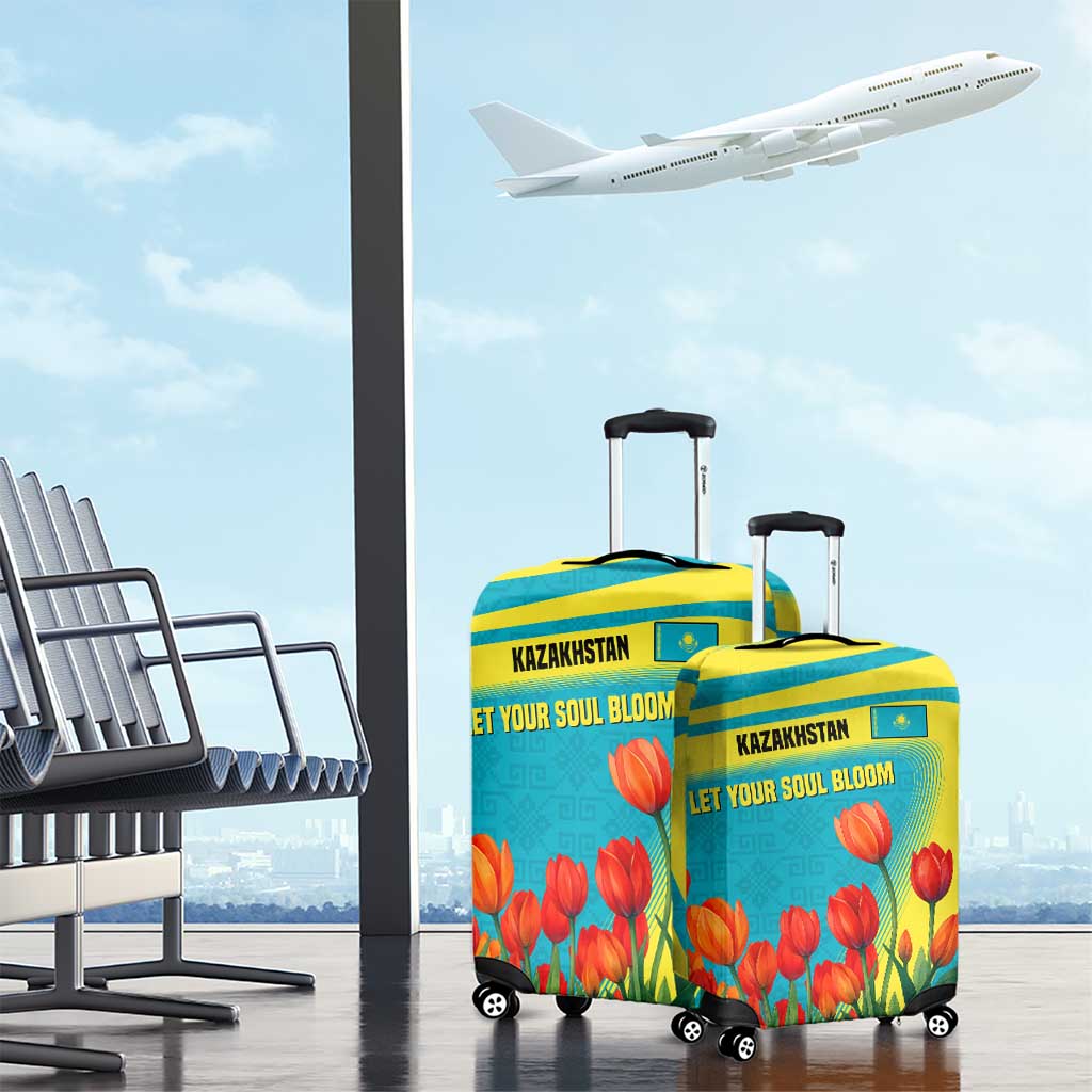 Kazakhstan National Flag Luggage Cover with Red Tulip Bloom and Blue Yellow Ethnic Motif TS04