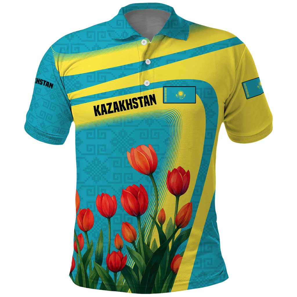 Kazakhstan National Flag Polo Shirt with Red Tulip Bloom and Blue Yellow Ethnic Motif TS04