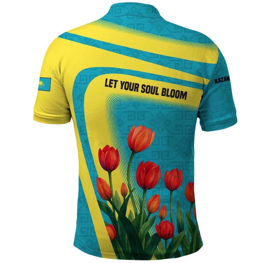 Kazakhstan National Flag Polo Shirt with Red Tulip Bloom and Blue Yellow Ethnic Motif TS04