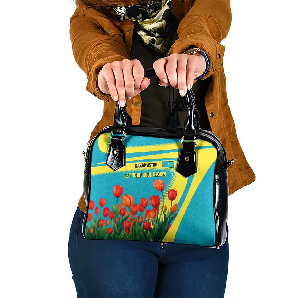 Kazakhstan National Flag Shoulder Handbag with Red Tulip Bloom and Blue Yellow Ethnic Motif TS04
