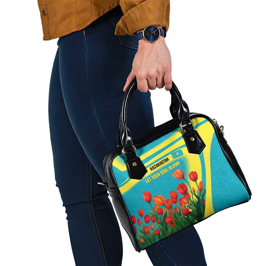 Kazakhstan National Flag Shoulder Handbag with Red Tulip Bloom and Blue Yellow Ethnic Motif TS04