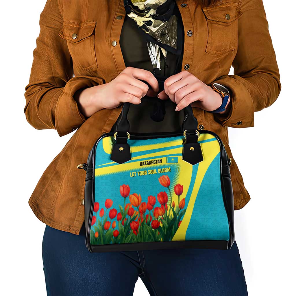 Kazakhstan National Flag Shoulder Handbag with Red Tulip Bloom and Blue Yellow Ethnic Motif TS04