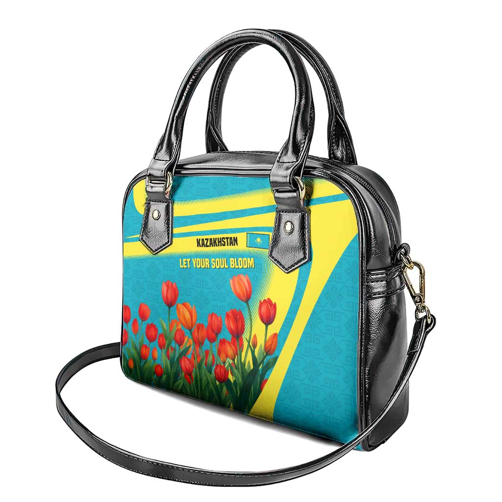 Kazakhstan National Flag Shoulder Handbag with Red Tulip Bloom and Blue Yellow Ethnic Motif TS04