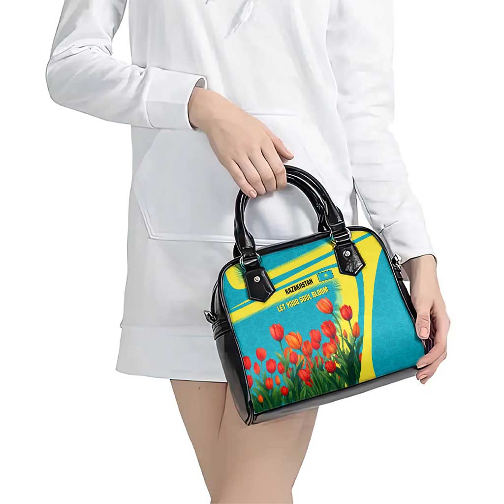 Kazakhstan National Flag Shoulder Handbag with Red Tulip Bloom and Blue Yellow Ethnic Motif TS04