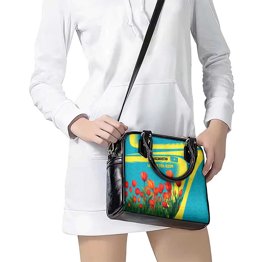 Kazakhstan National Flag Shoulder Handbag with Red Tulip Bloom and Blue Yellow Ethnic Motif TS04