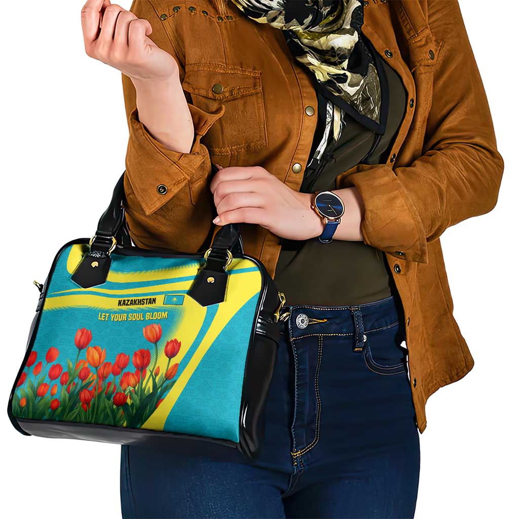 Kazakhstan National Flag Shoulder Handbag with Red Tulip Bloom and Blue Yellow Ethnic Motif TS04
