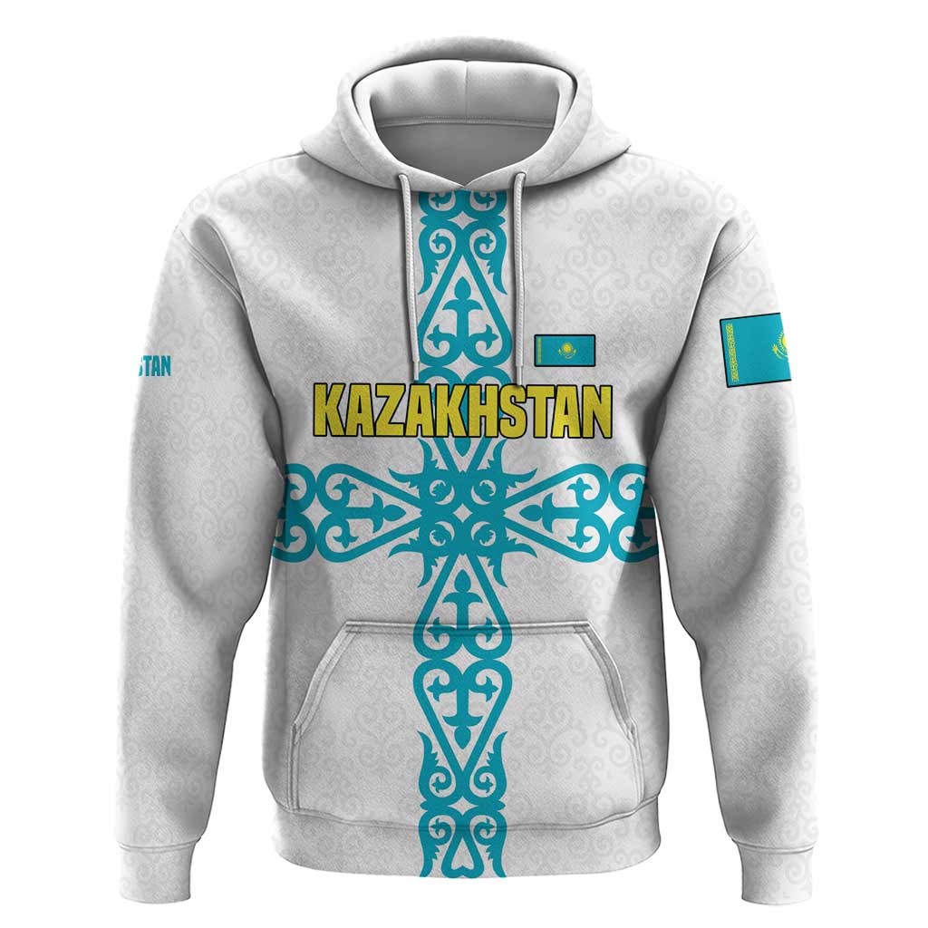 Kazakhstan National Symbols Hoodie with Tribal Animal Crest and Blue Ethnic Motif on White TS04