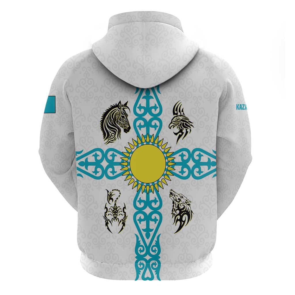 Kazakhstan National Symbols Hoodie with Tribal Animal Crest and Blue Ethnic Motif on White TS04