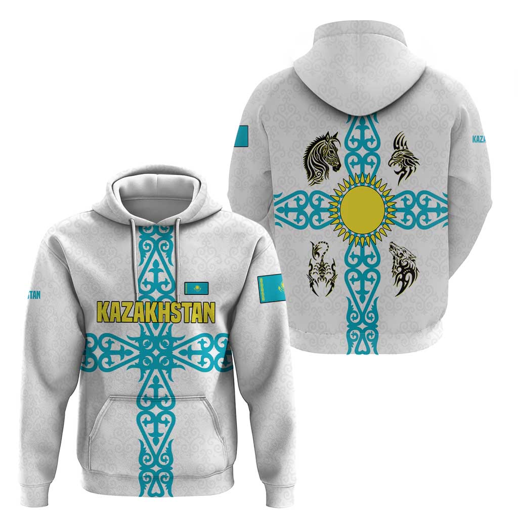 Kazakhstan National Symbols Hoodie with Tribal Animal Crest and Blue Ethnic Motif on White TS04