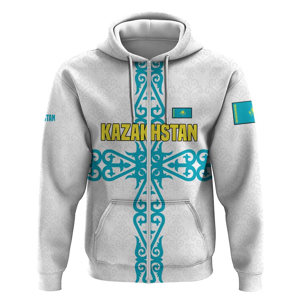 Kazakhstan National Symbols Hoodie with Tribal Animal Crest and Blue Ethnic Motif on White TS04