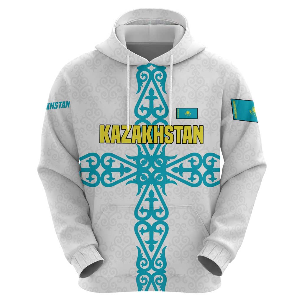 Kazakhstan National Symbols Hoodie with Tribal Animal Crest and Blue Ethnic Motif on White TS04