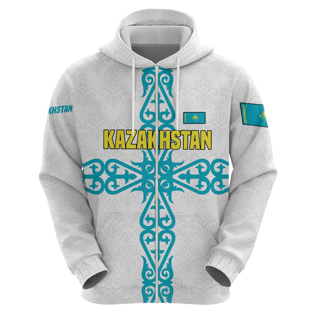 Kazakhstan National Symbols Hoodie with Tribal Animal Crest and Blue Ethnic Motif on White TS04