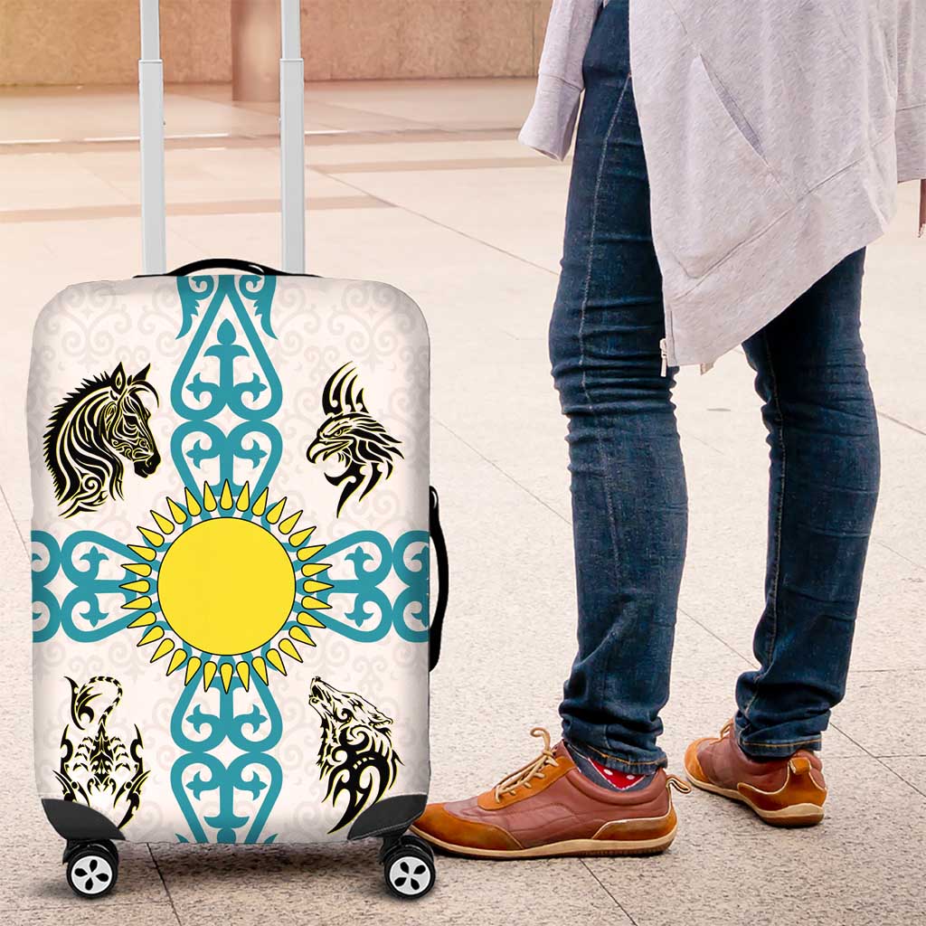 Kazakhstan National Symbols Luggage Cover with Tribal Animal Crest and Blue Ethnic Motif on White TS04