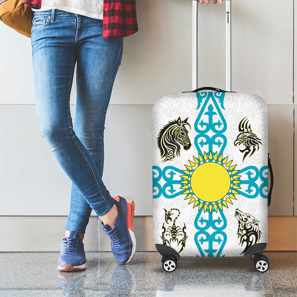 Kazakhstan National Symbols Luggage Cover with Tribal Animal Crest and Blue Ethnic Motif on White TS04