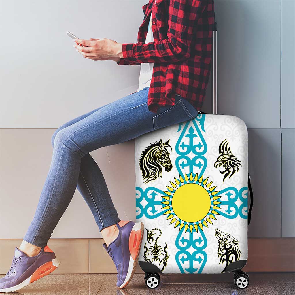 Kazakhstan National Symbols Luggage Cover with Tribal Animal Crest and Blue Ethnic Motif on White TS04