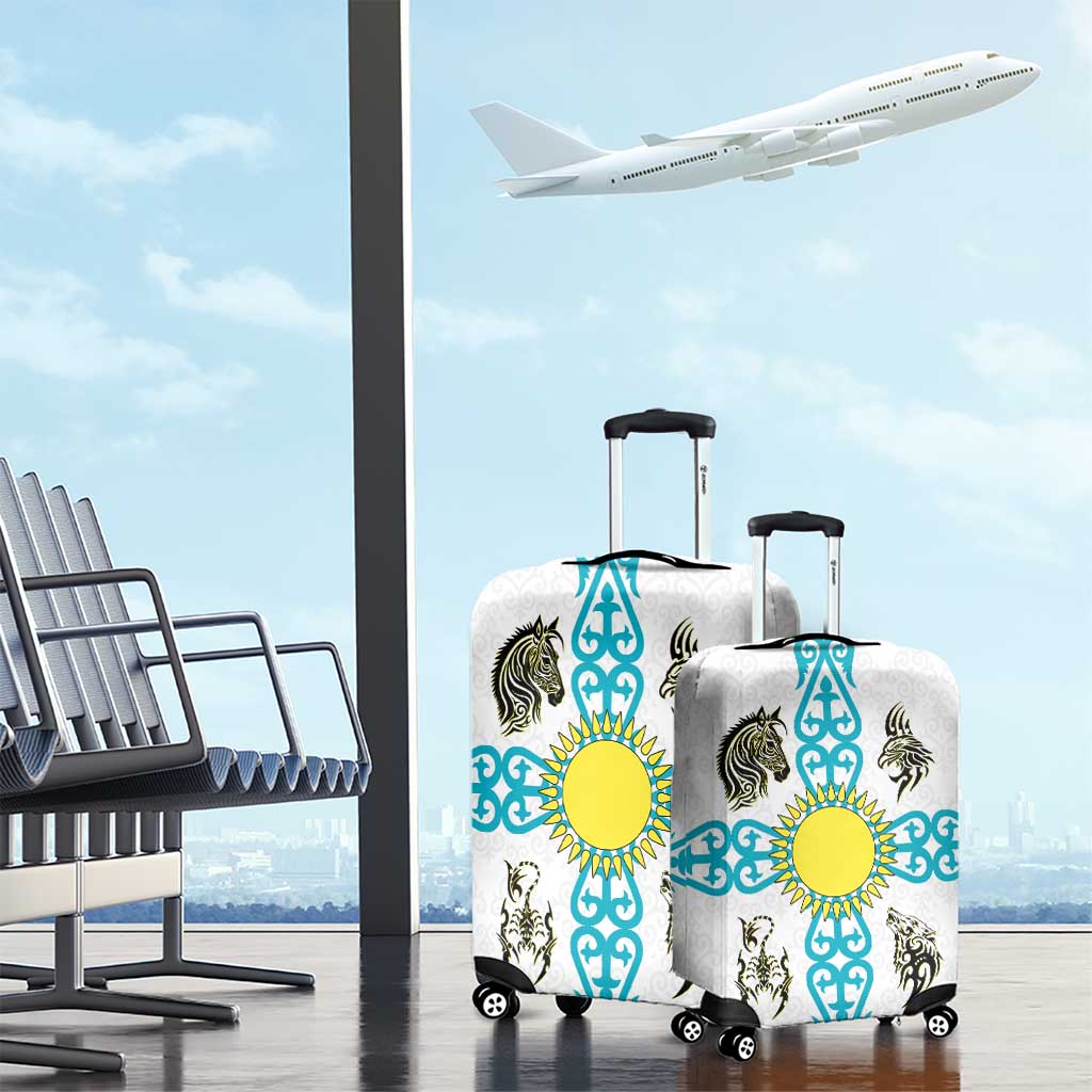 Kazakhstan National Symbols Luggage Cover with Tribal Animal Crest and Blue Ethnic Motif on White TS04