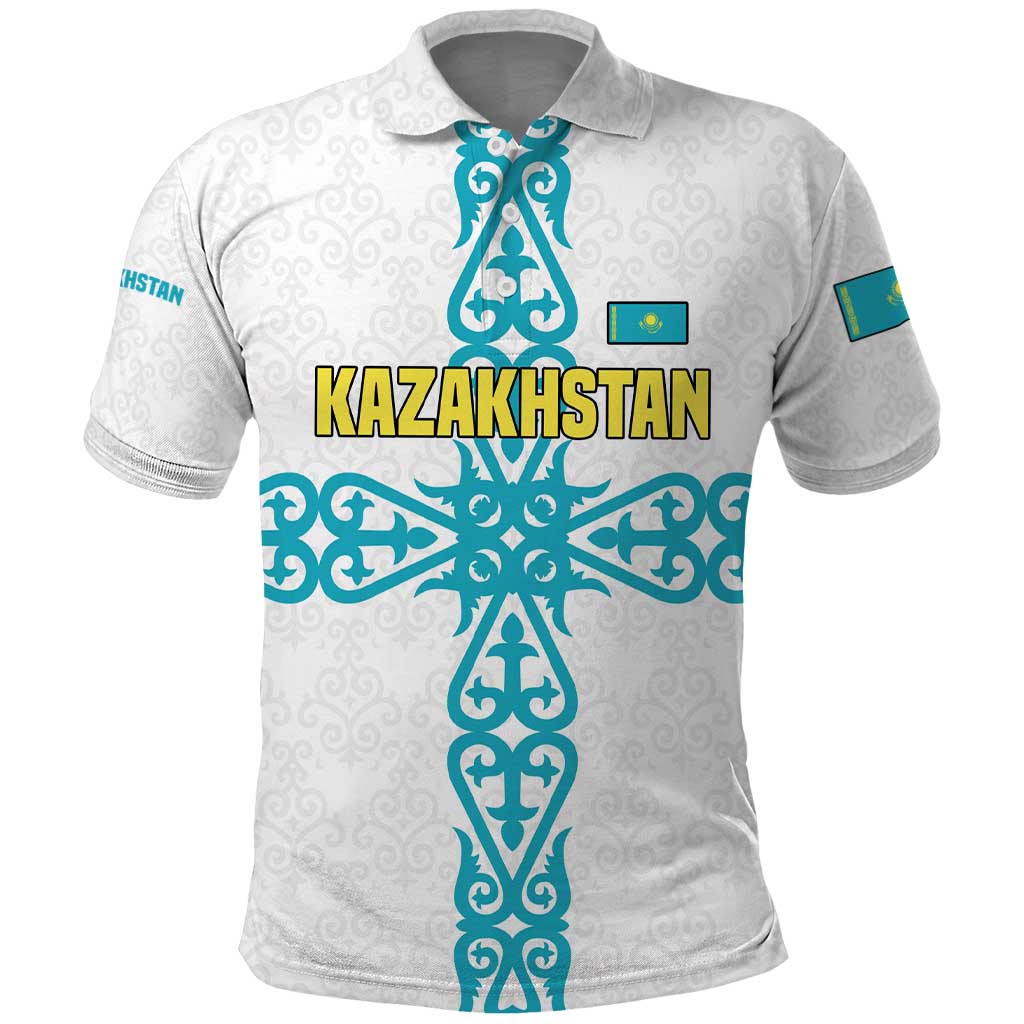 Kazakhstan National Symbols Polo Shirt with Tribal Animal Crest and Blue Ethnic Motif on White TS04