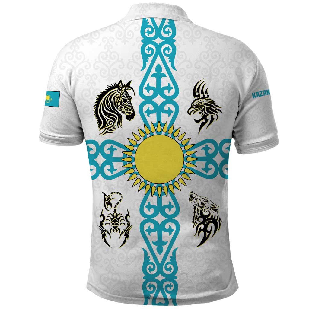 Kazakhstan National Symbols Polo Shirt with Tribal Animal Crest and Blue Ethnic Motif on White TS04