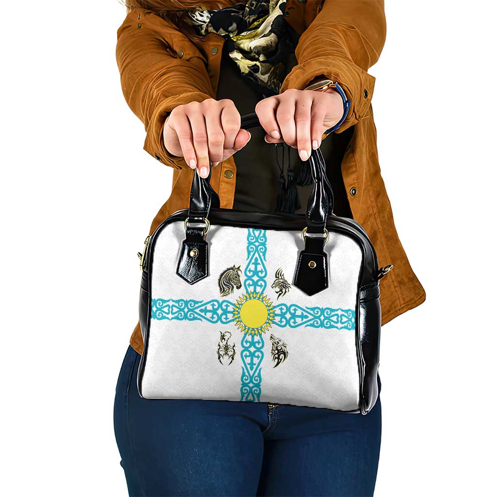 Kazakhstan National Symbols Shoulder Handbag with Tribal Animal Crest and Blue Ethnic Motif on White TS04