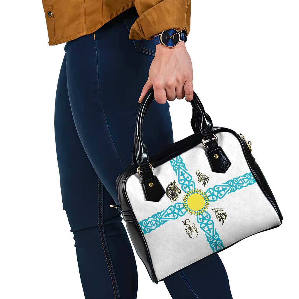 Kazakhstan National Symbols Shoulder Handbag with Tribal Animal Crest and Blue Ethnic Motif on White TS04