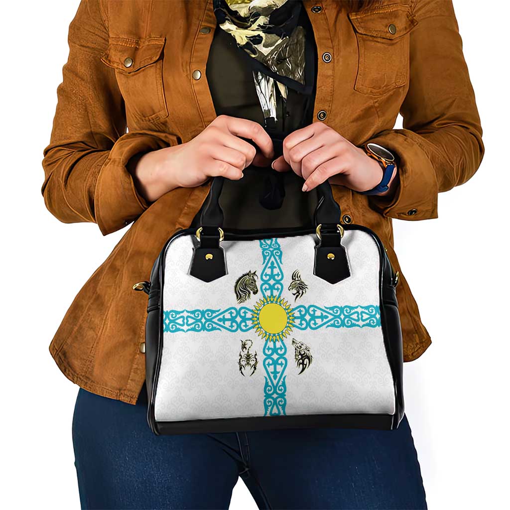 Kazakhstan National Symbols Shoulder Handbag with Tribal Animal Crest and Blue Ethnic Motif on White TS04