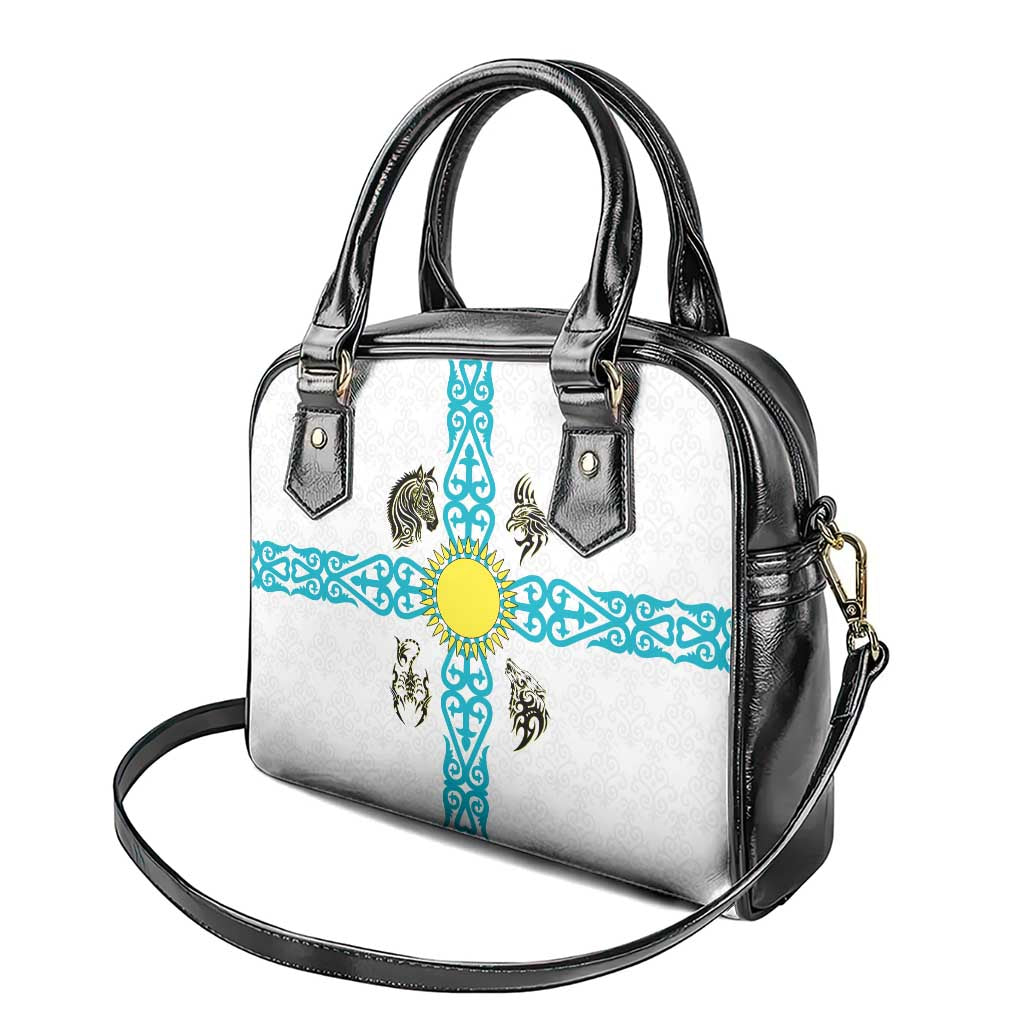 Kazakhstan National Symbols Shoulder Handbag with Tribal Animal Crest and Blue Ethnic Motif on White TS04