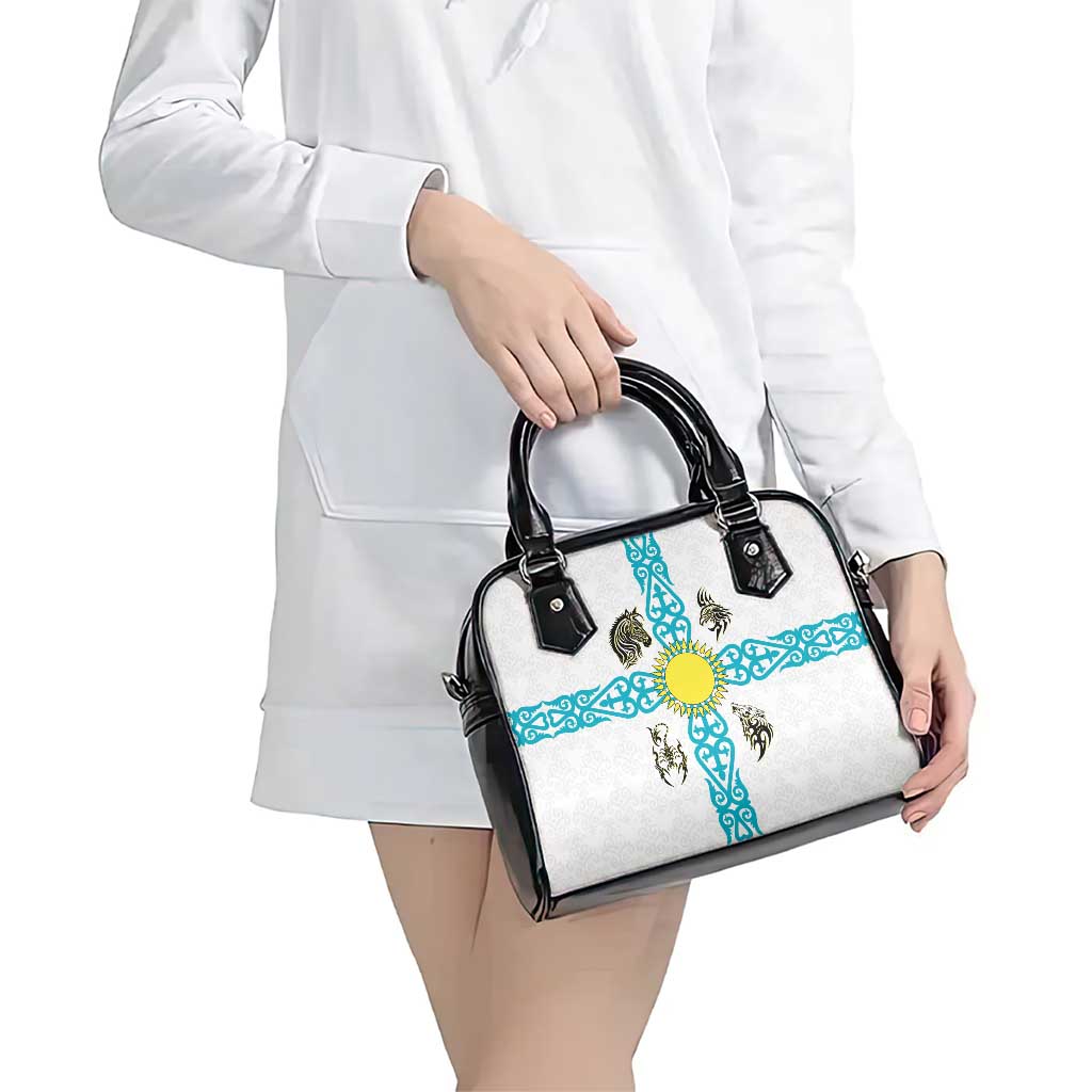 Kazakhstan National Symbols Shoulder Handbag with Tribal Animal Crest and Blue Ethnic Motif on White TS04