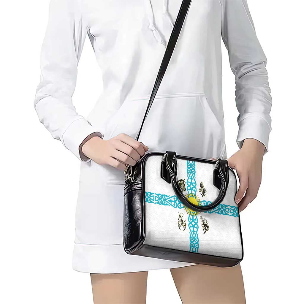 Kazakhstan National Symbols Shoulder Handbag with Tribal Animal Crest and Blue Ethnic Motif on White TS04