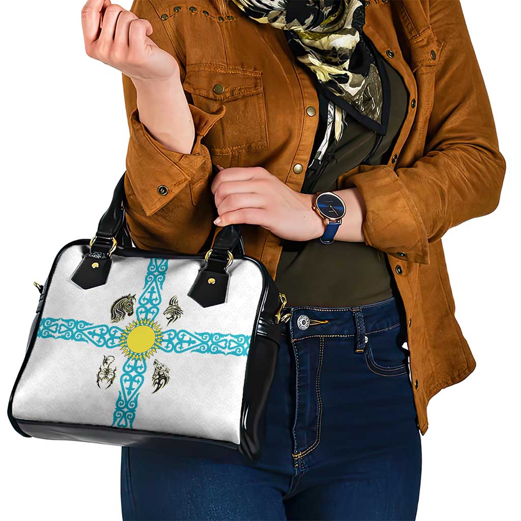 Kazakhstan National Symbols Shoulder Handbag with Tribal Animal Crest and Blue Ethnic Motif on White TS04