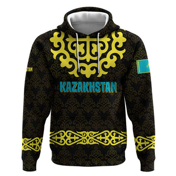 Kazakhstan Born Free Riding Far Hoodie with Wild Horses and Gold Tribal Pattern on Black TS04