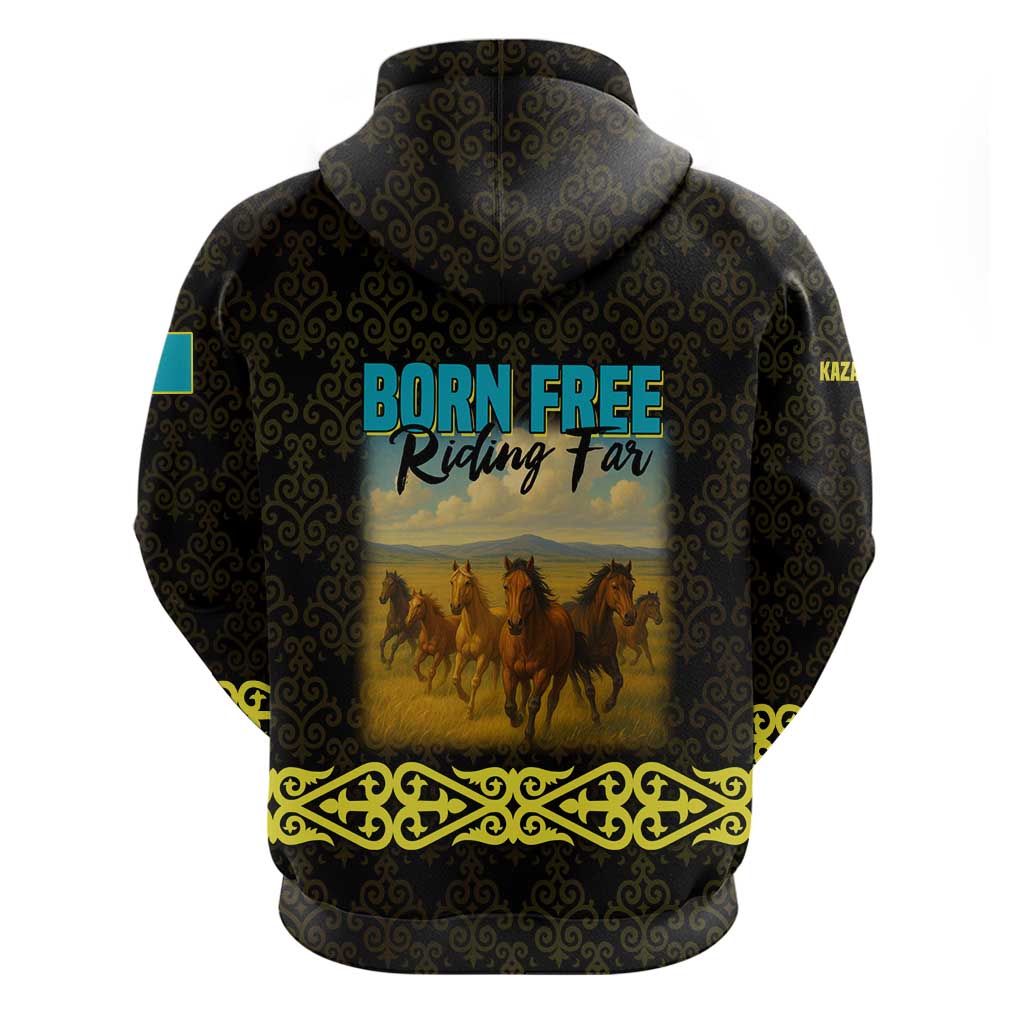 Kazakhstan Born Free Riding Far Hoodie with Wild Horses and Gold Tribal Pattern on Black TS04