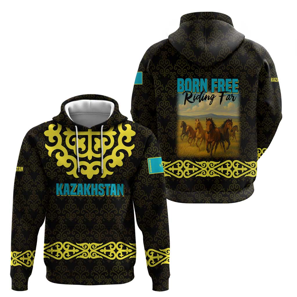 Kazakhstan Born Free Riding Far Hoodie with Wild Horses and Gold Tribal Pattern on Black TS04