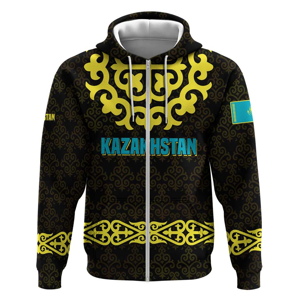 Kazakhstan Born Free Riding Far Hoodie with Wild Horses and Gold Tribal Pattern on Black TS04