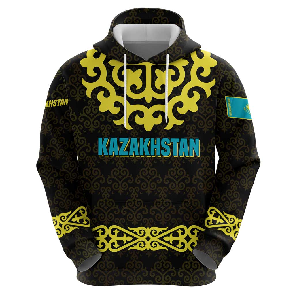 Kazakhstan Born Free Riding Far Hoodie with Wild Horses and Gold Tribal Pattern on Black TS04