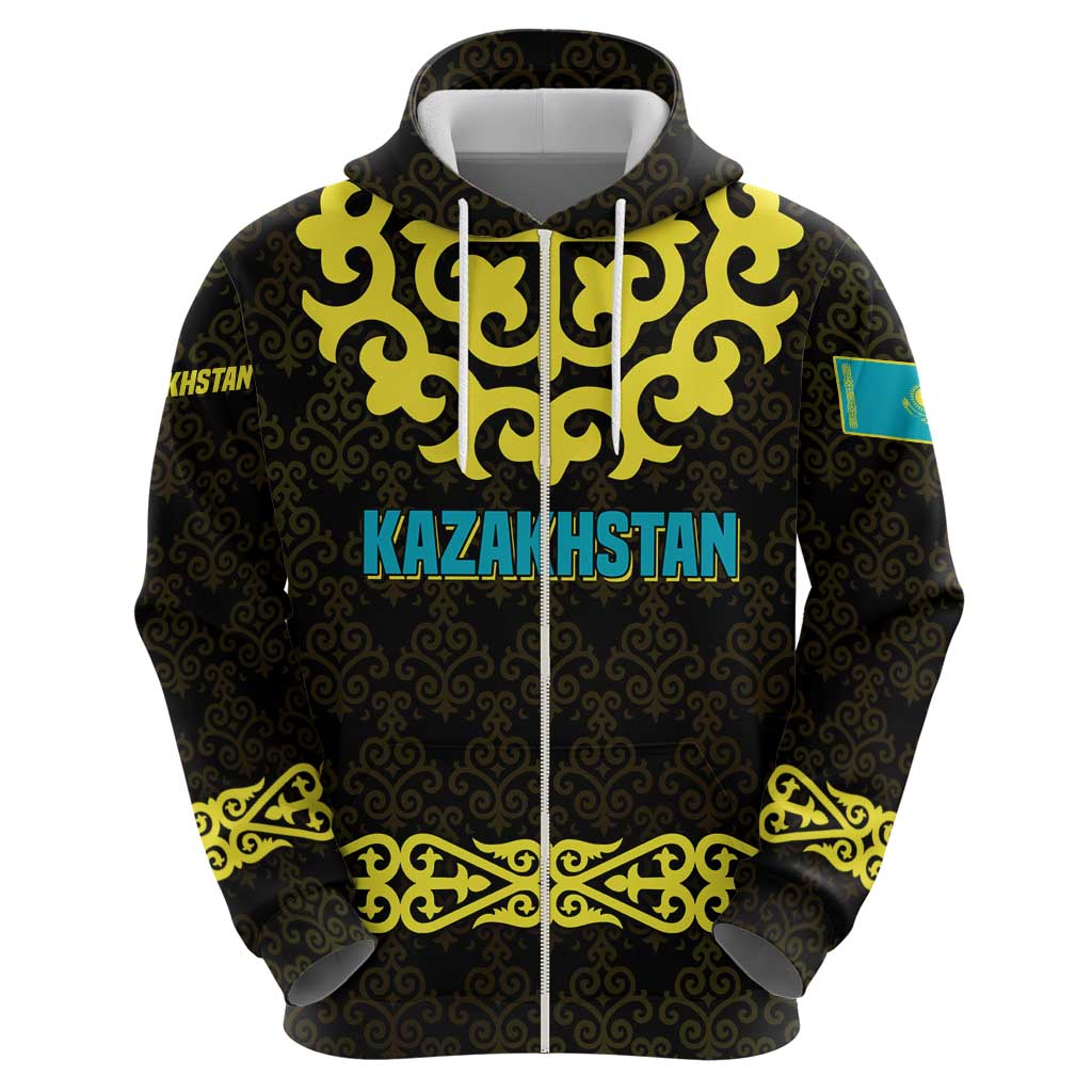 Kazakhstan Born Free Riding Far Hoodie with Wild Horses and Gold Tribal Pattern on Black TS04